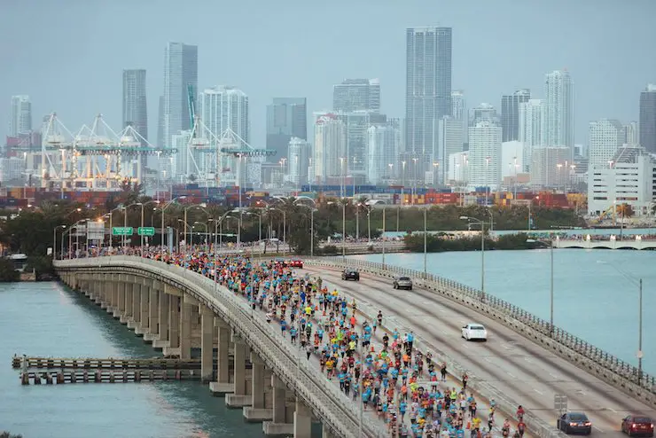 Miami Marathon Runners and Miami Skyline in background