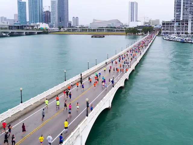 Miami Marathon Runners over the Venetian Causeway